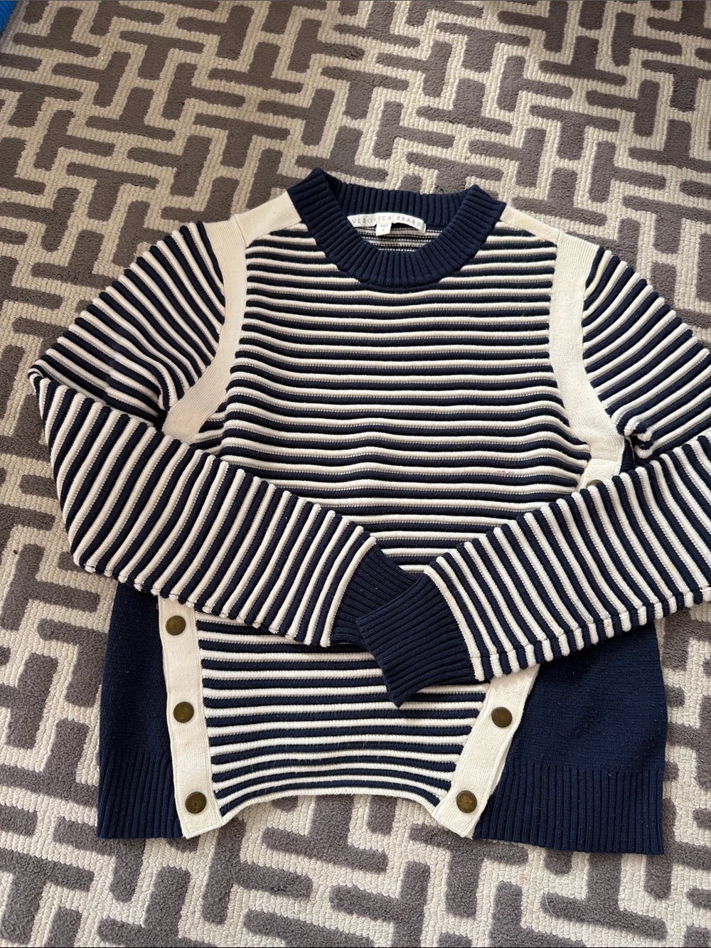 Striped Navy and Cream Crewneck Button-Accent Sweater